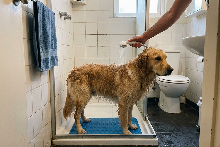 A golden retriever being gently rinsed during bath time in a home shower