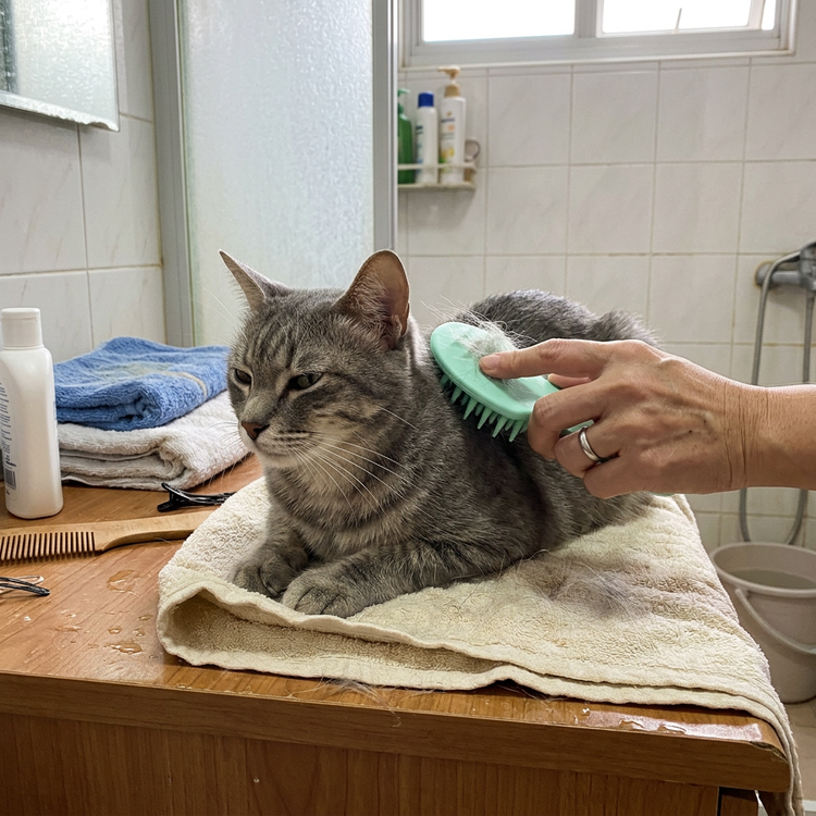 A grey tabby cat being brushed with a mint-green grooming brush on a towel at home