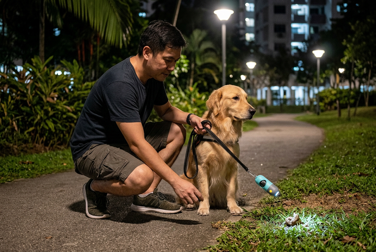 AI-generated scene of a man and his dog on an evening walk with an LED waste bag dispenser
