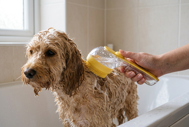 Bath brush being used on a dog