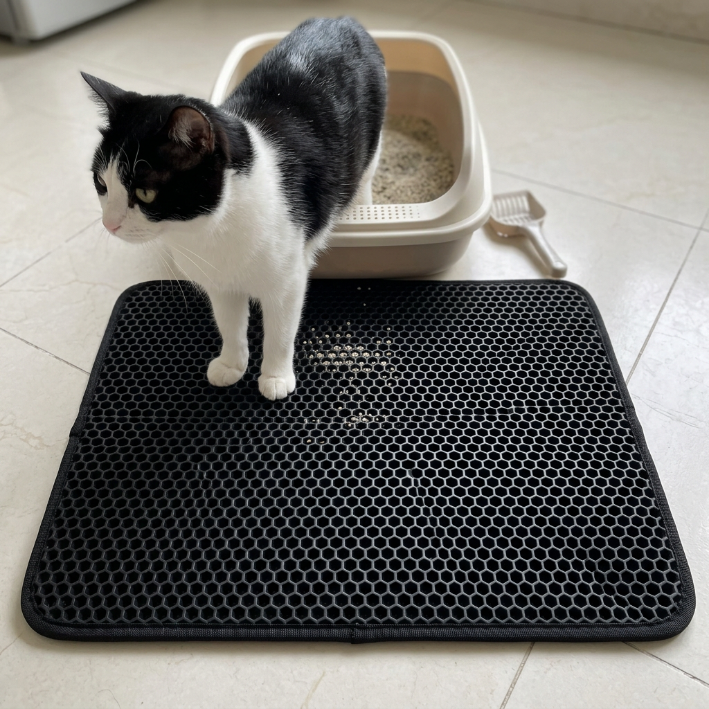 Black-and-white cat standing on the honeycomb litter mat beside its tray