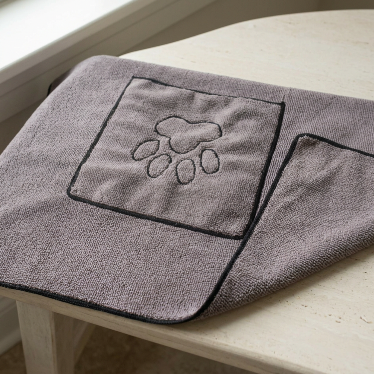 Close-up of the towel’s paw-embroidered hand pocket and fabric