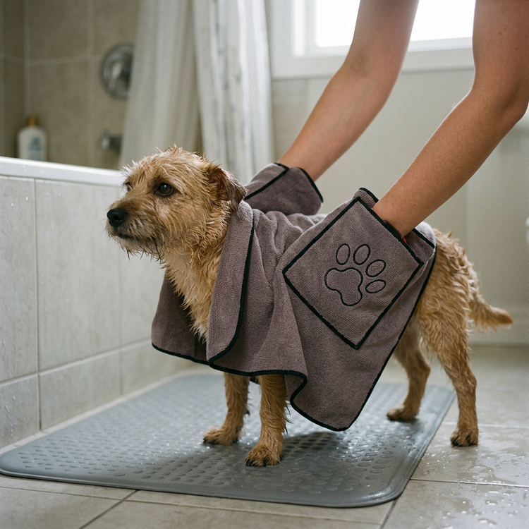 Dog being gently dried with the grey paw-pocket towel