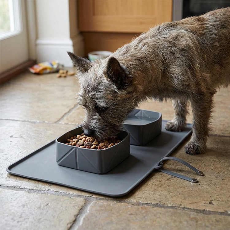 Dog eating from the grey collapsible double-bowl mat