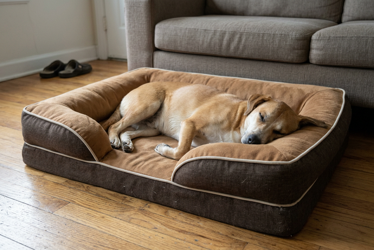 Dog napping naturally in a brown dog bed at home