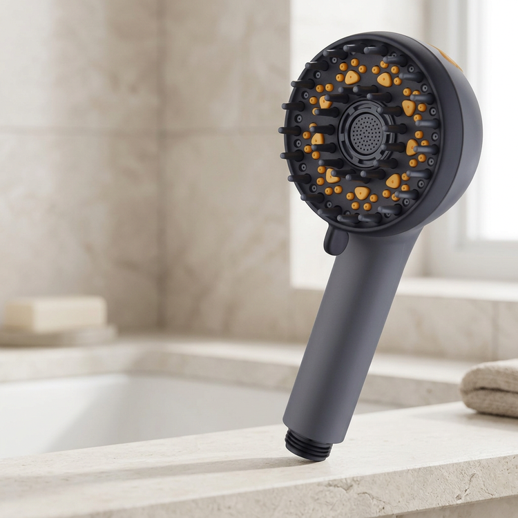 Dark grey pet shower nozzle with black bristles and yellow details in a neutral bathroom setting