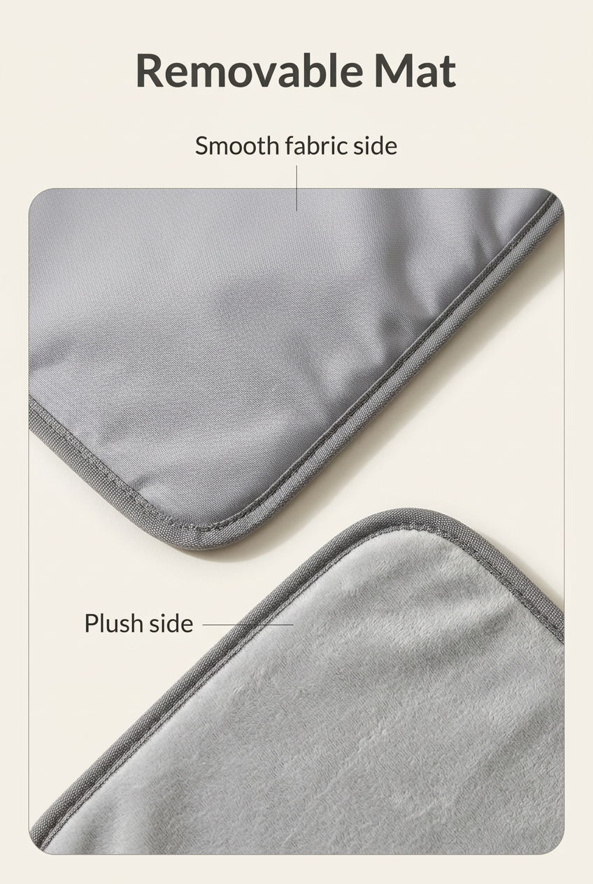Removable mat showing smooth fabric and plush sides