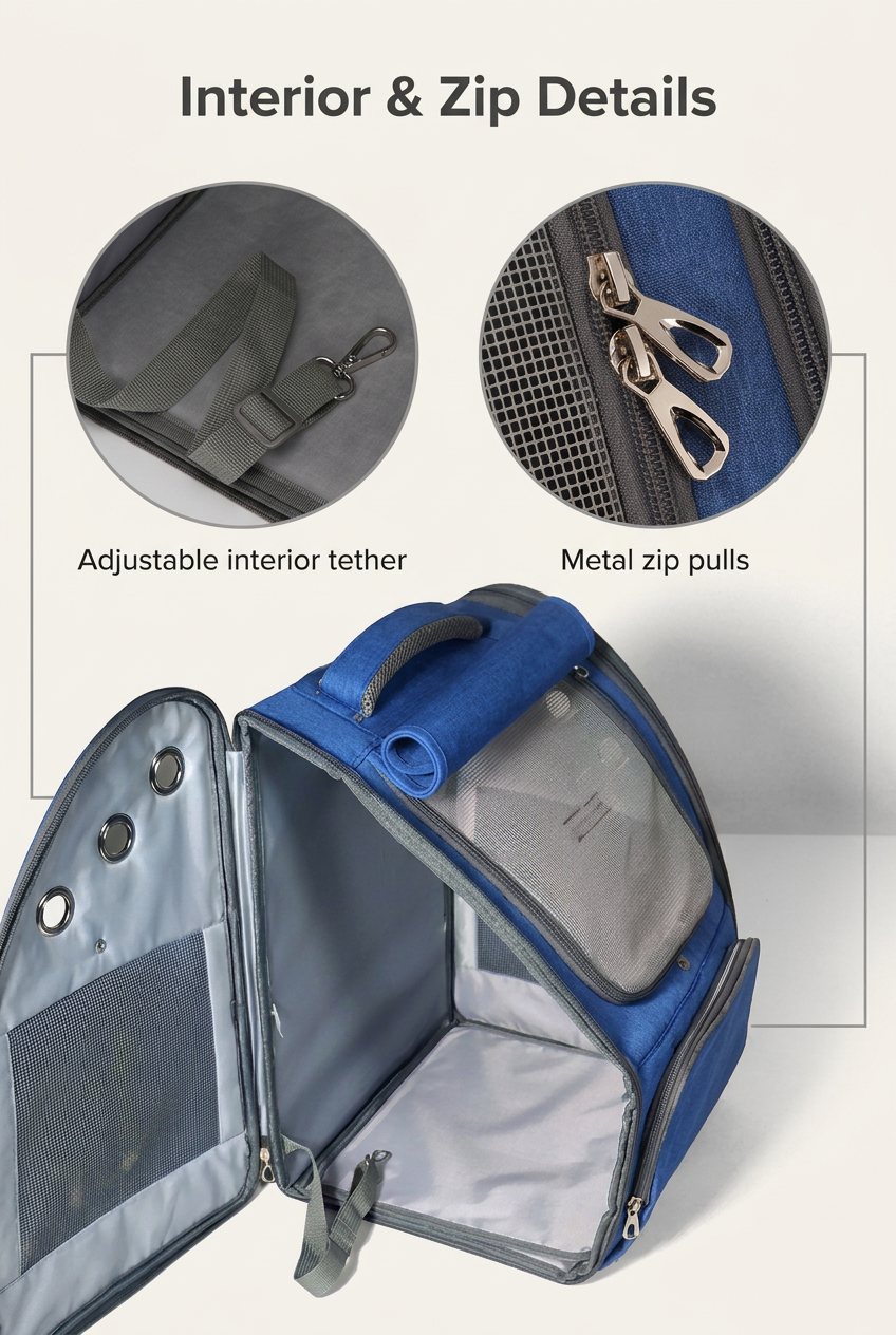 Labelled interior tether and metal zip pulls