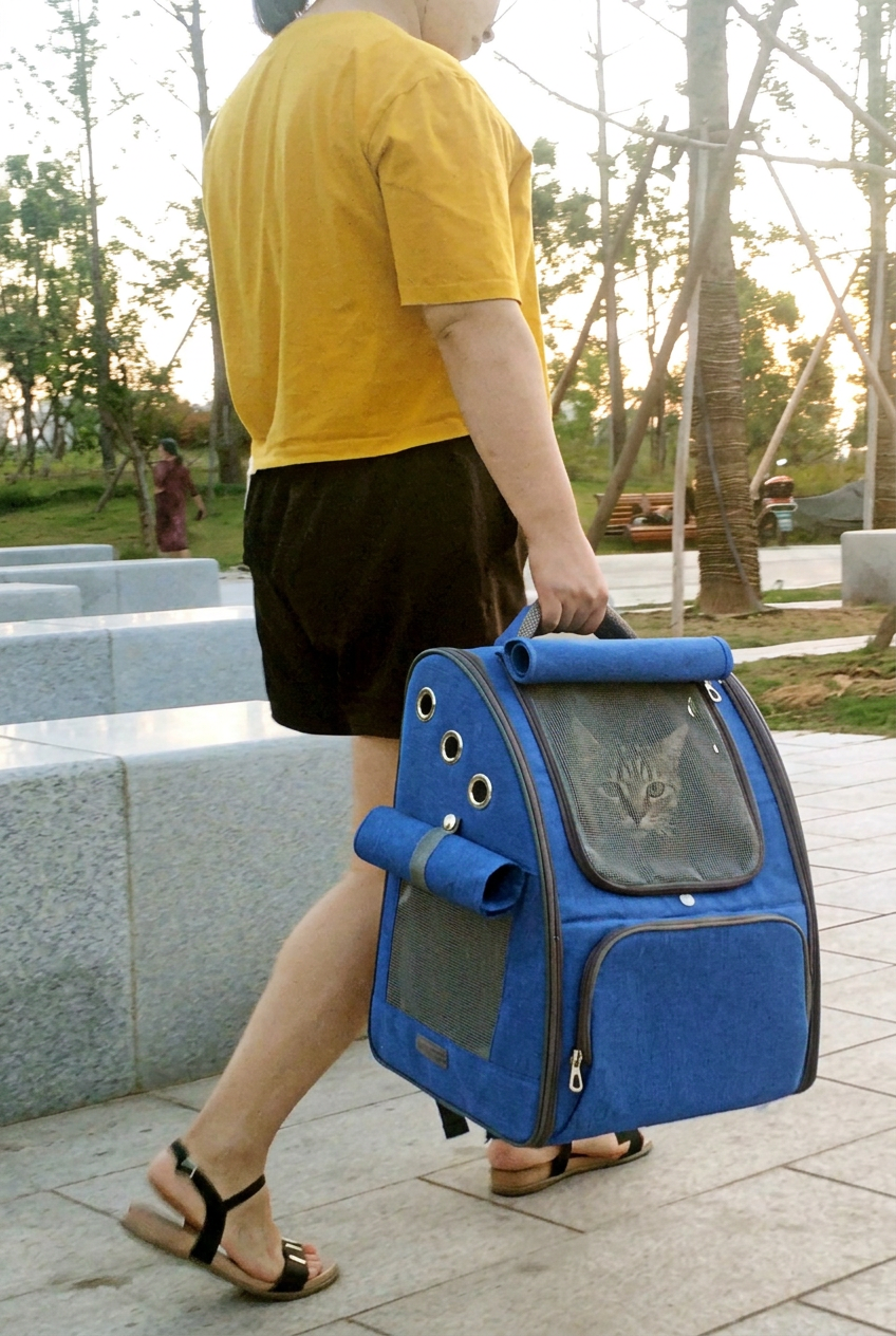 Blue carrier held by its top handle outdoors