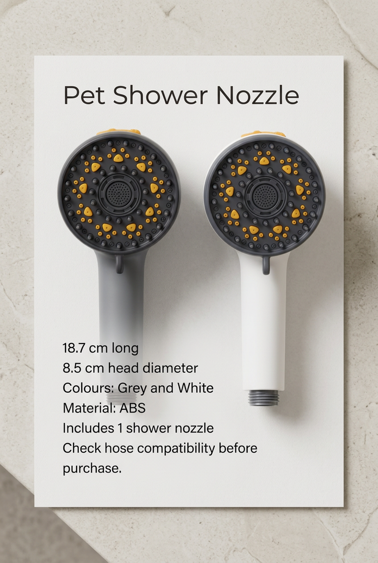 Grey and white pet shower nozzle dimensions and product details