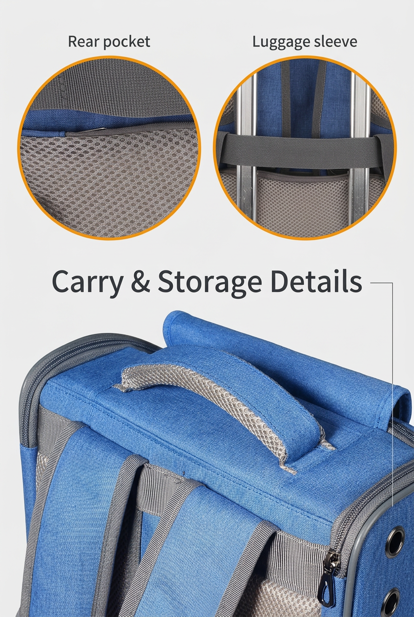 Top handle, rear pocket and luggage sleeve details