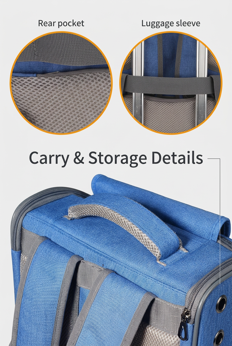 Top handle, rear pocket and luggage sleeve details