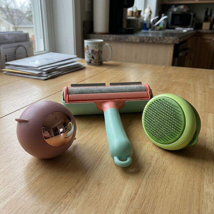 Pet hair remover, grooming brush and portable lint roller arranged on a tabletop
