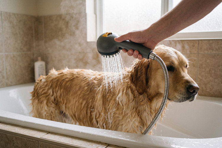 AI-generated illustration of a pet shower nozzle rinsing a dog's shoulder in a bathtub; hose shown for demonstration