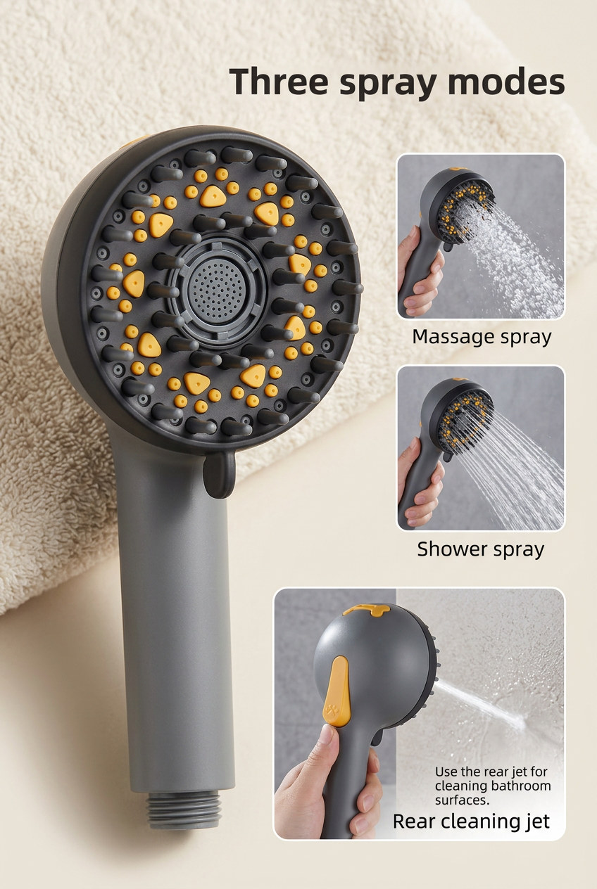 Pet shower nozzle spray modes and rear cleaning jet