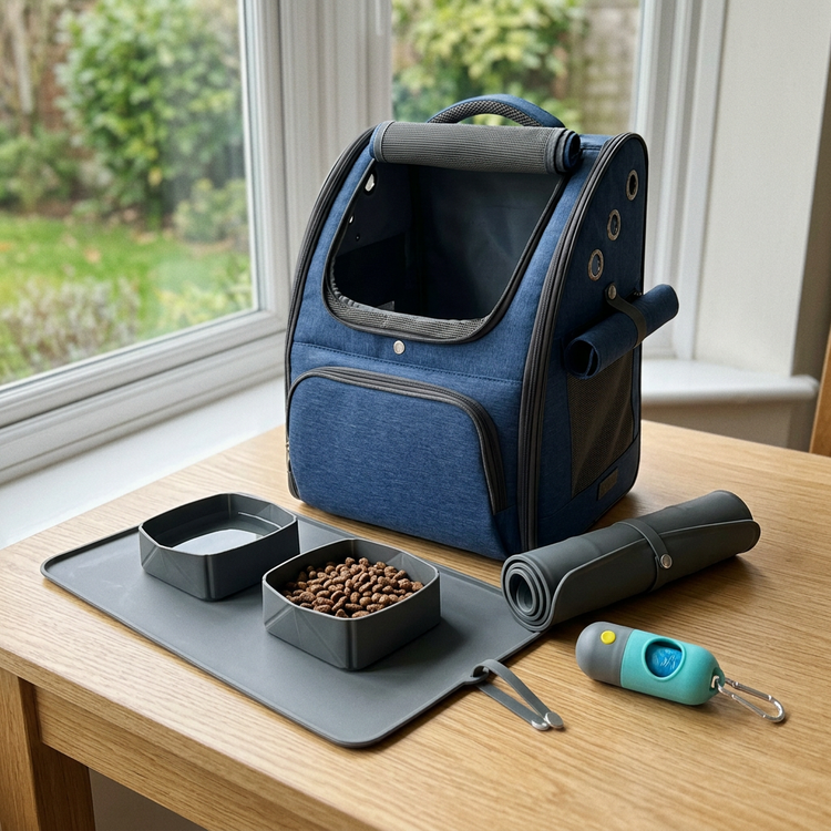 Adventure Pack featuring a pet backpack carrier, collapsible bowls and waste bag dispenser