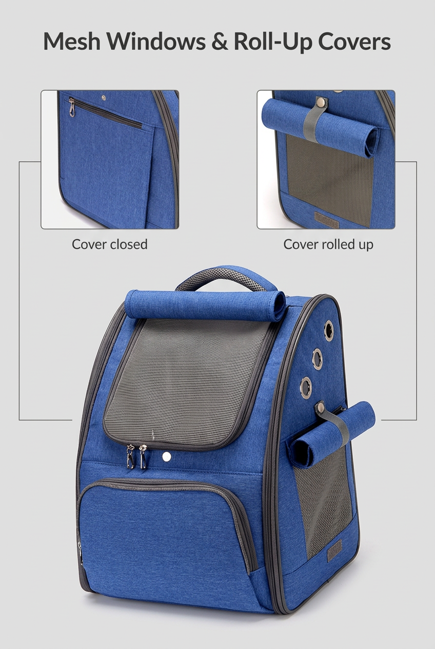 Mesh windows and roll-up covers with labelled details