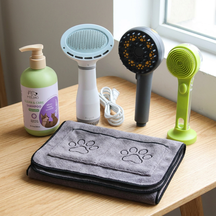 Five-piece Bath Day Set: shampoo, shower nozzle, long-handled silicone brush, microfibre pet towel and dryer with comb