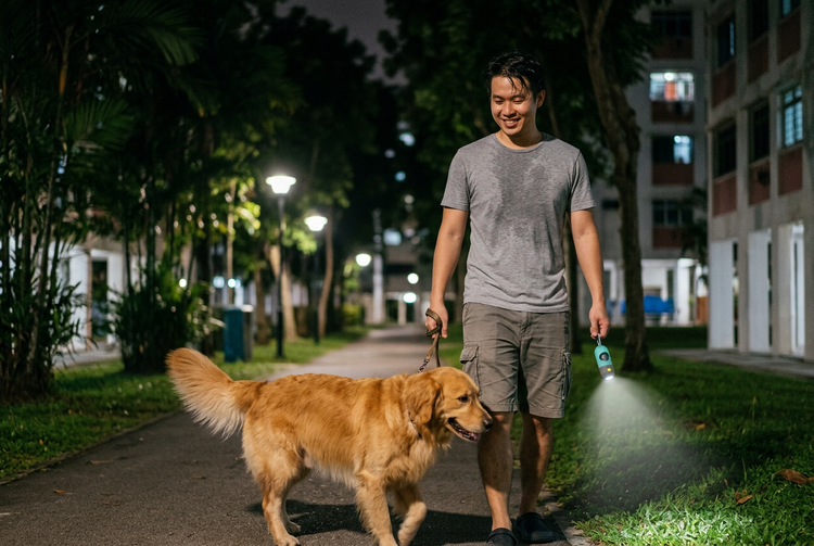 Man walking his dog at night using the LED waste bag dispenser