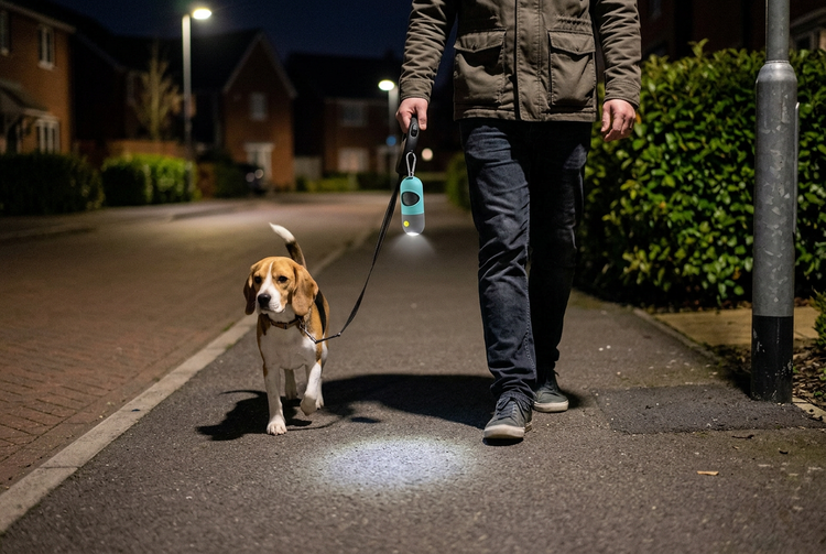 Nighttime dog walk with the waste bag dispenser’s LED lighting the path