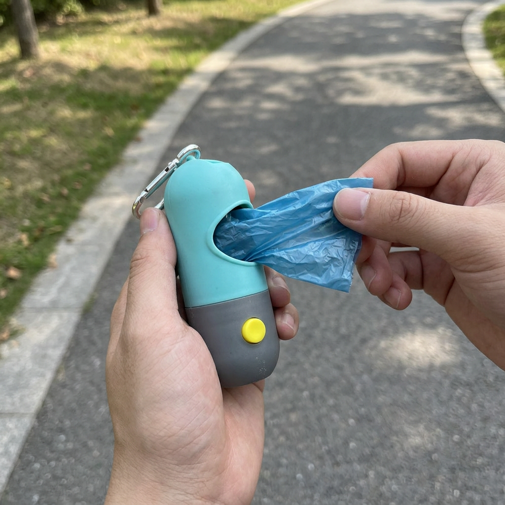 Pet waste bag dispenser being used during a walk