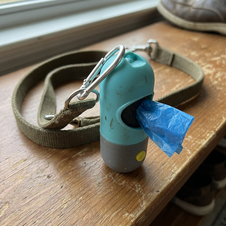 Pet waste bag dispenser clipped to a leash at home