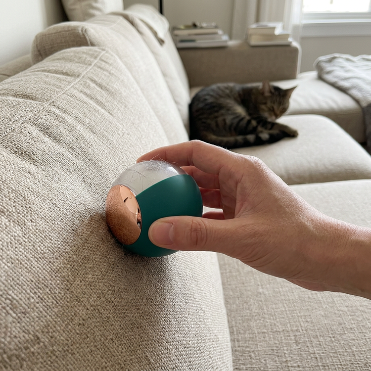 Portable lint roller being used on a sofa cushion with a cat nearby