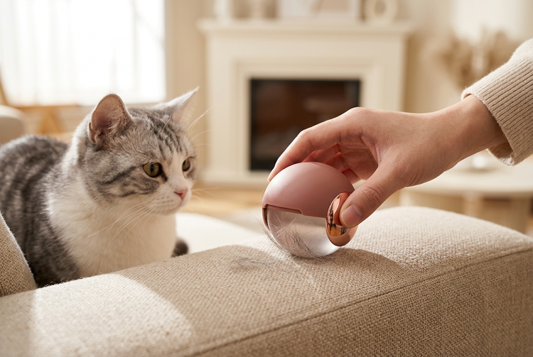 Portable lint roller cleaning cat hair from a sofa with a cat nearby