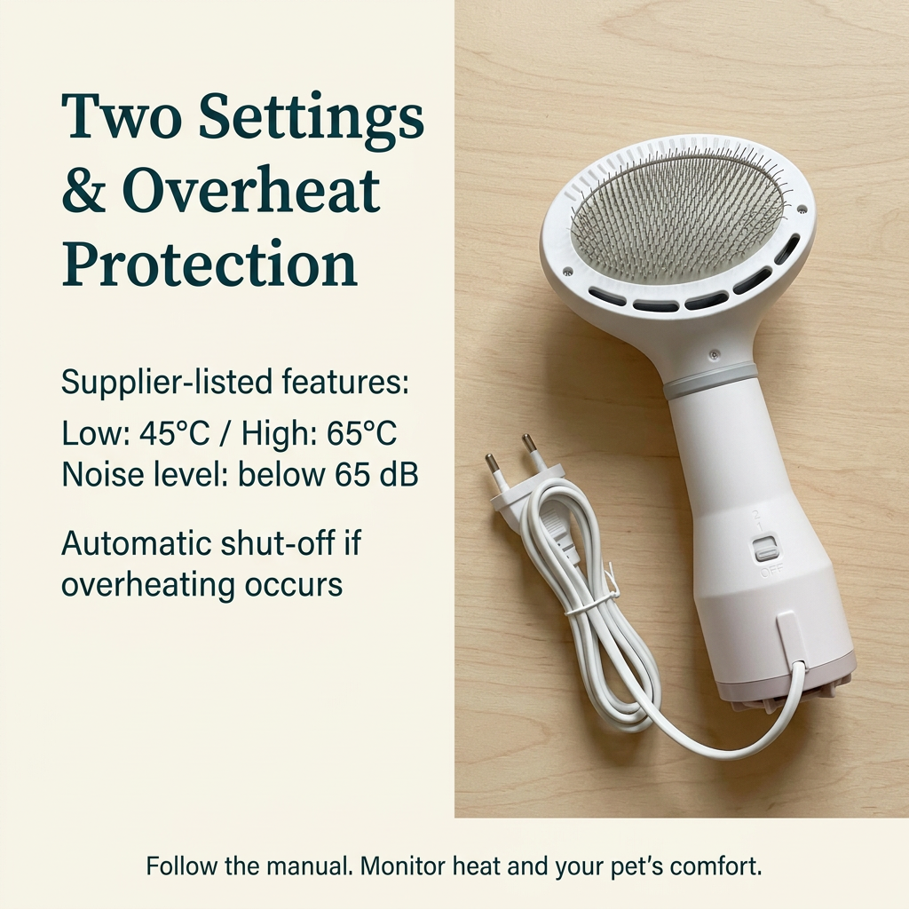 Realistic dryer photo with settings and supplier-listed feature text