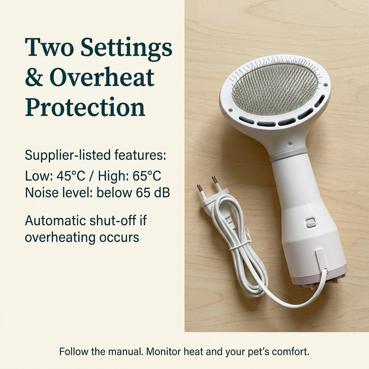 Realistic dryer photo with settings and supplier-listed feature text
