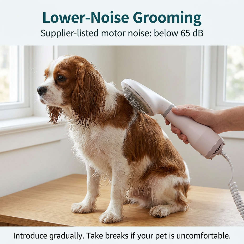 Realistic grooming scene with supplier-listed noise information
