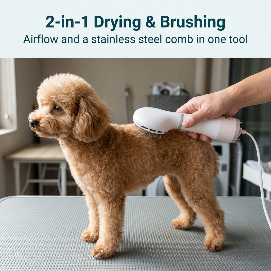 Revised single-dog grooming scene with drying and brushing feature text