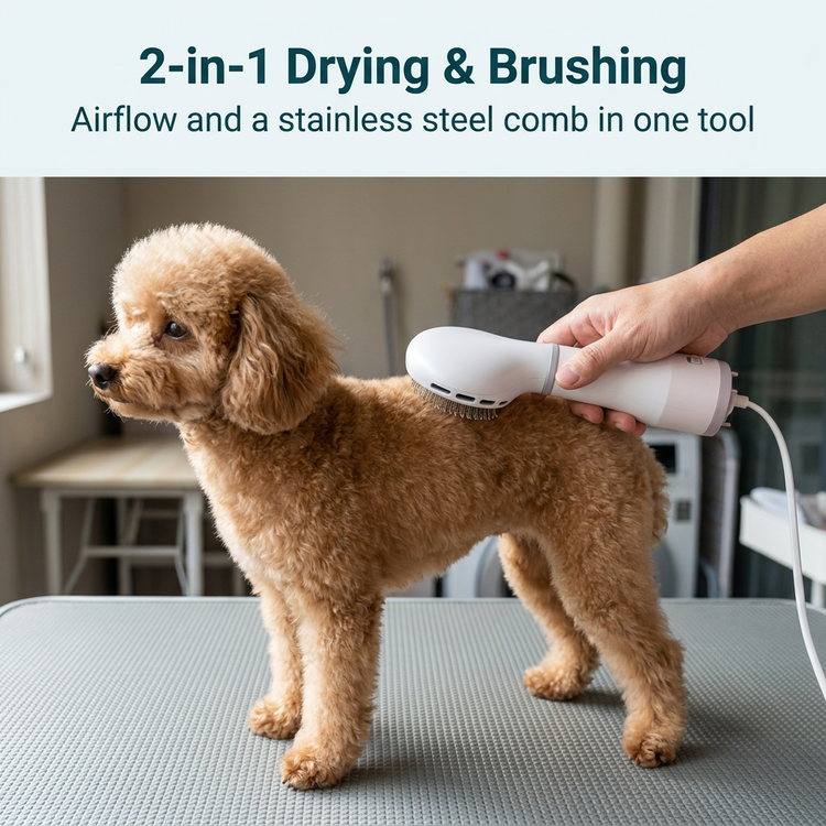 Revised single-dog grooming scene with drying and brushing feature text