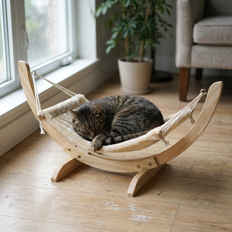Tabby cat curled in a cream wooden hammock indoors
