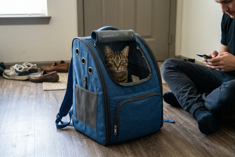 Tabby cat in blue pet backpack at home