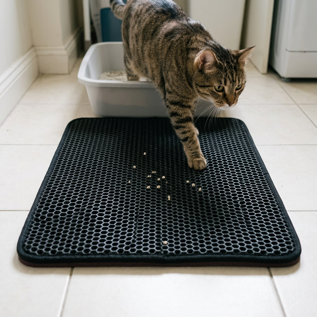 Tabby cat stepping from a litter tray onto the black honeycomb mat